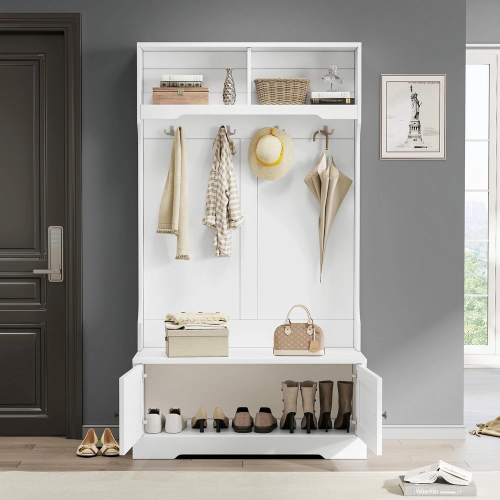 Scarpiera Panca con Appendiabiti ¨C MINIMAL ¨C Bianco, 4 Ganci, 2 Ripiani, Ingresso