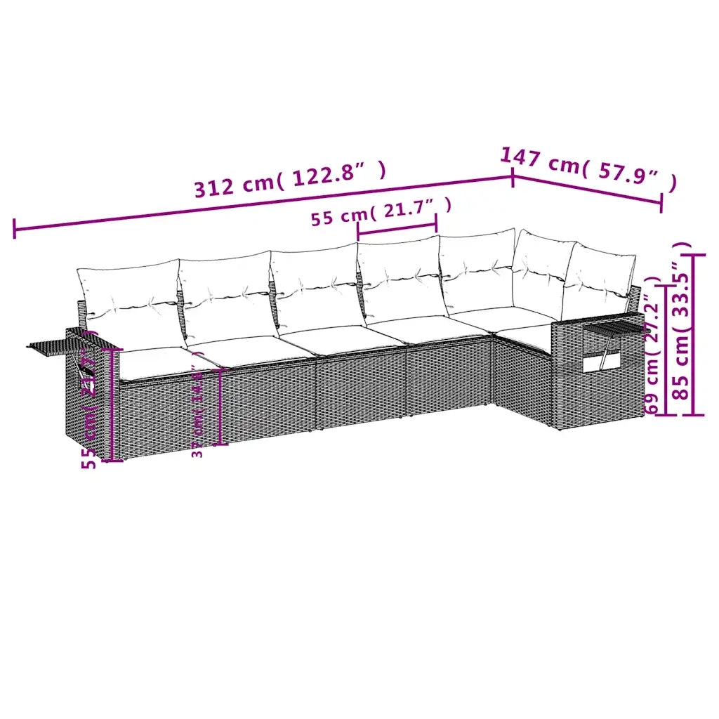 Set Divano da Giardino 6pz con Cuscini Grigio Chiaro Polyrattan