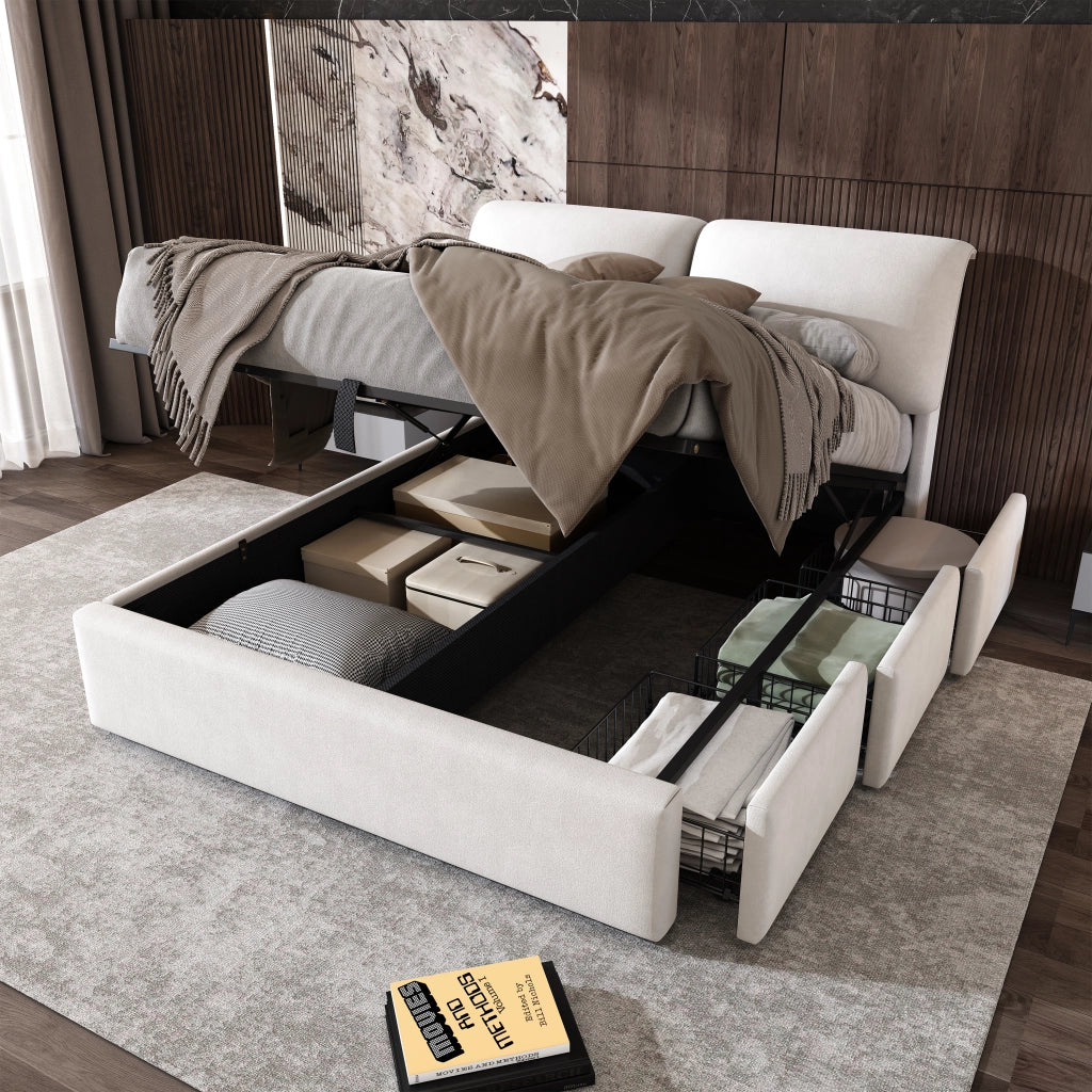 Letti contenitori 140x190 cm; contenitore idraulico e 3 cassetti; velluto; beige (Senza materasso)
