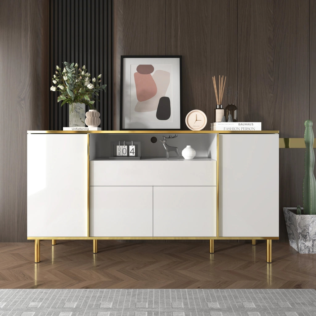 Credenza con 4 Ante e 1 Cassetto; LED; Finitura Lucida; Stile Moderno; per Soggiorno; in MDF; 150??40??80 cm; Bianco