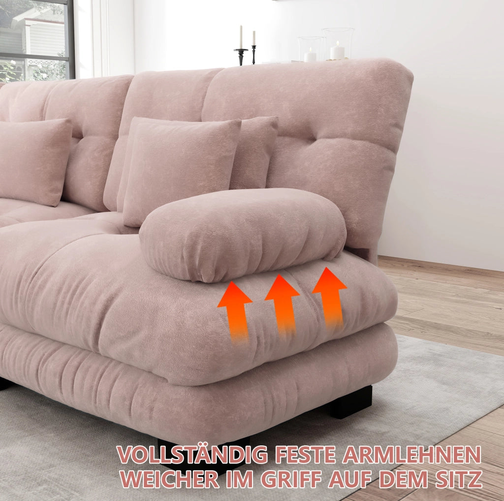 Divano modulare angolare in chenille rosa 220x145x81 cm con pouf