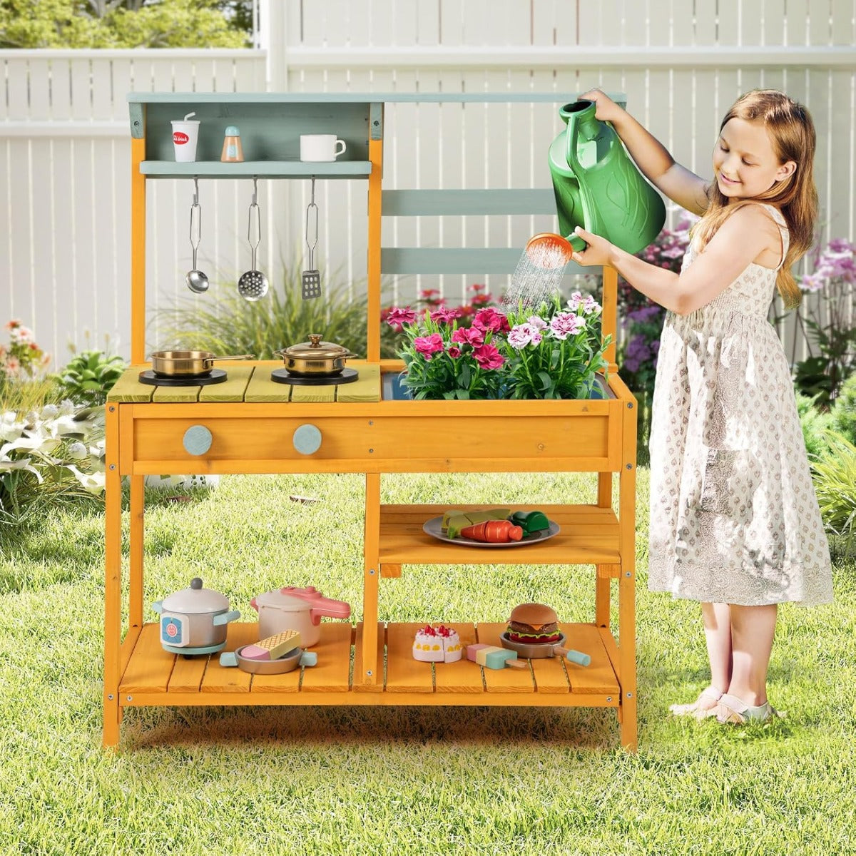 Cucina da gioco con lavello per bambini 3+ anni, Cucina in legno di pino con fornelli manopole e lavello Giallo-Cucine giocattoli