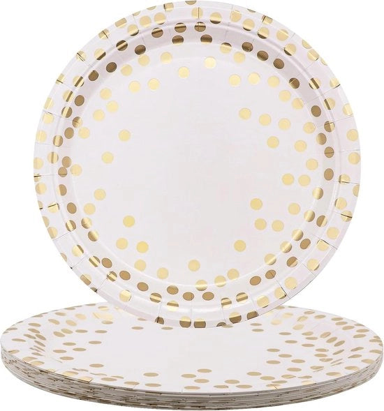 Piccoli piatti di carta 178 cm bianchi con punti dorati champagne servizio da festa per Natale - barbecue - matrimoni - compleanni - picnic 25 pezzi