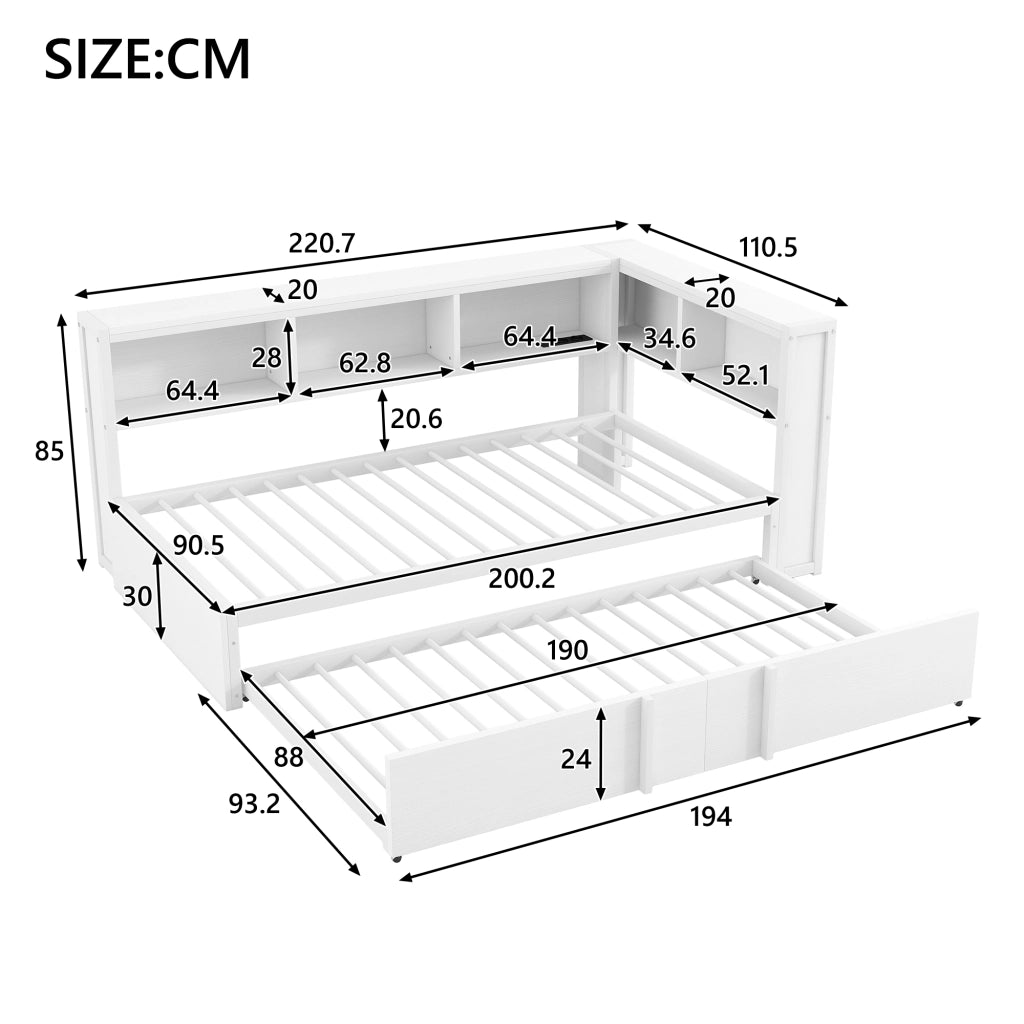 Divano letto in metallo e MDF 90x200 cm con letto estraibile, LED, USB e vani contenitore, bianco