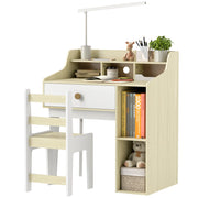 Set Scrivania per Bambini e Sedia in Legno con Scaffale e Cassetto, Et¨¤ 3-10 Anni, Bianco e Legno