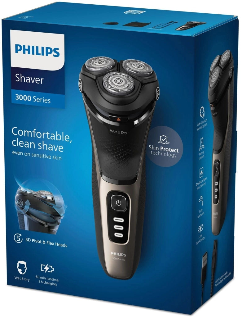 Philips S3242-12 Shaver 3000 Rasoio elettrico rotazione bagnato e asciutto 3 testine autonomia 60 min colore Nero Oro