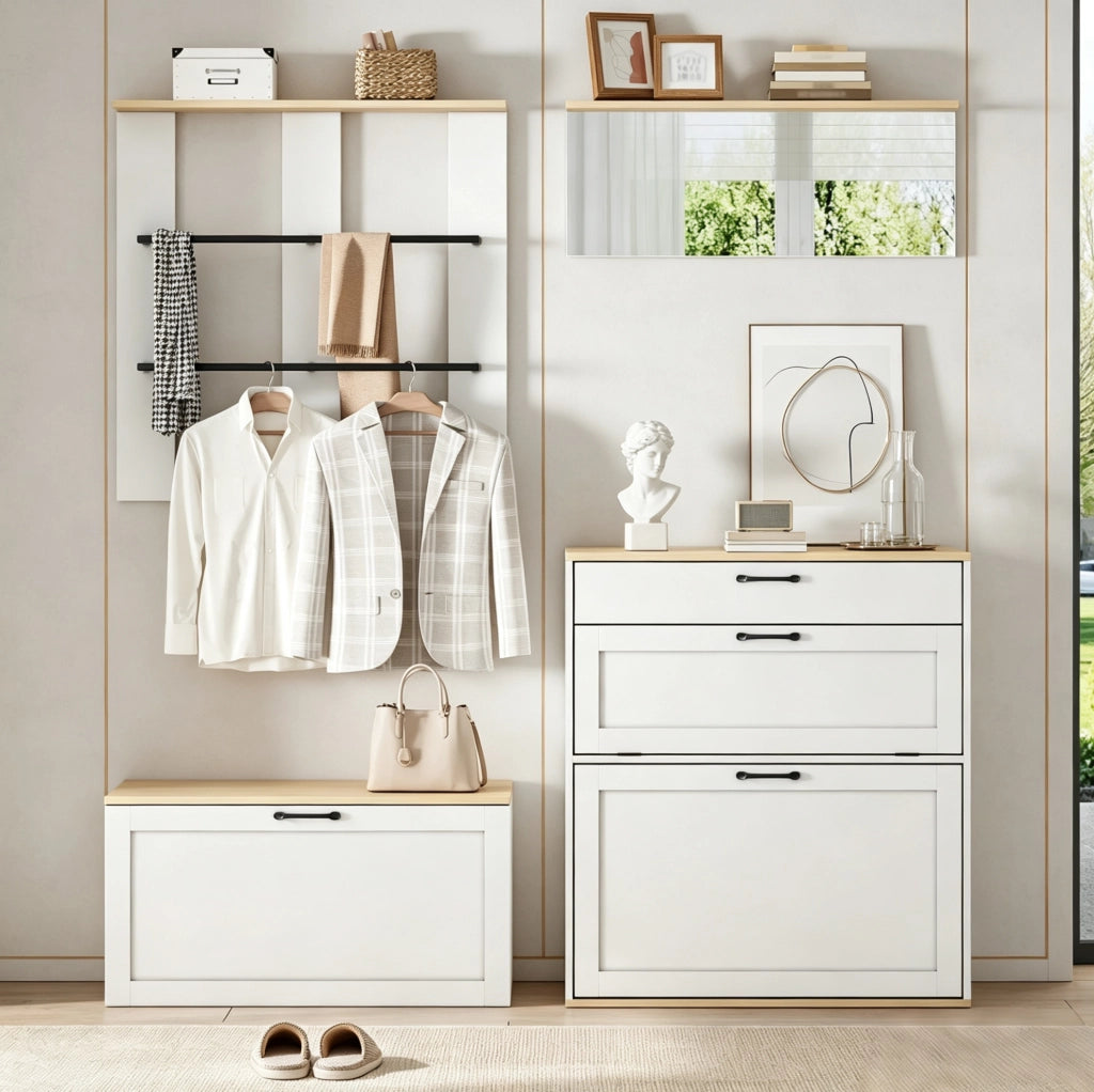 Mobile ingresso modulare 156x36x176 cm con scarpiera; specchio e appendiabiti; bianco e legno