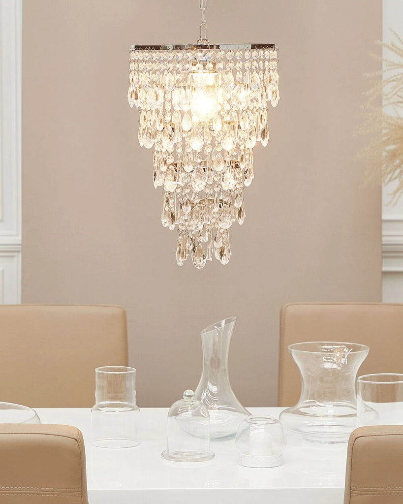 Lampada a Sospensione Argento Ferro Trasparente Finti Cristalli Lampadario Glam