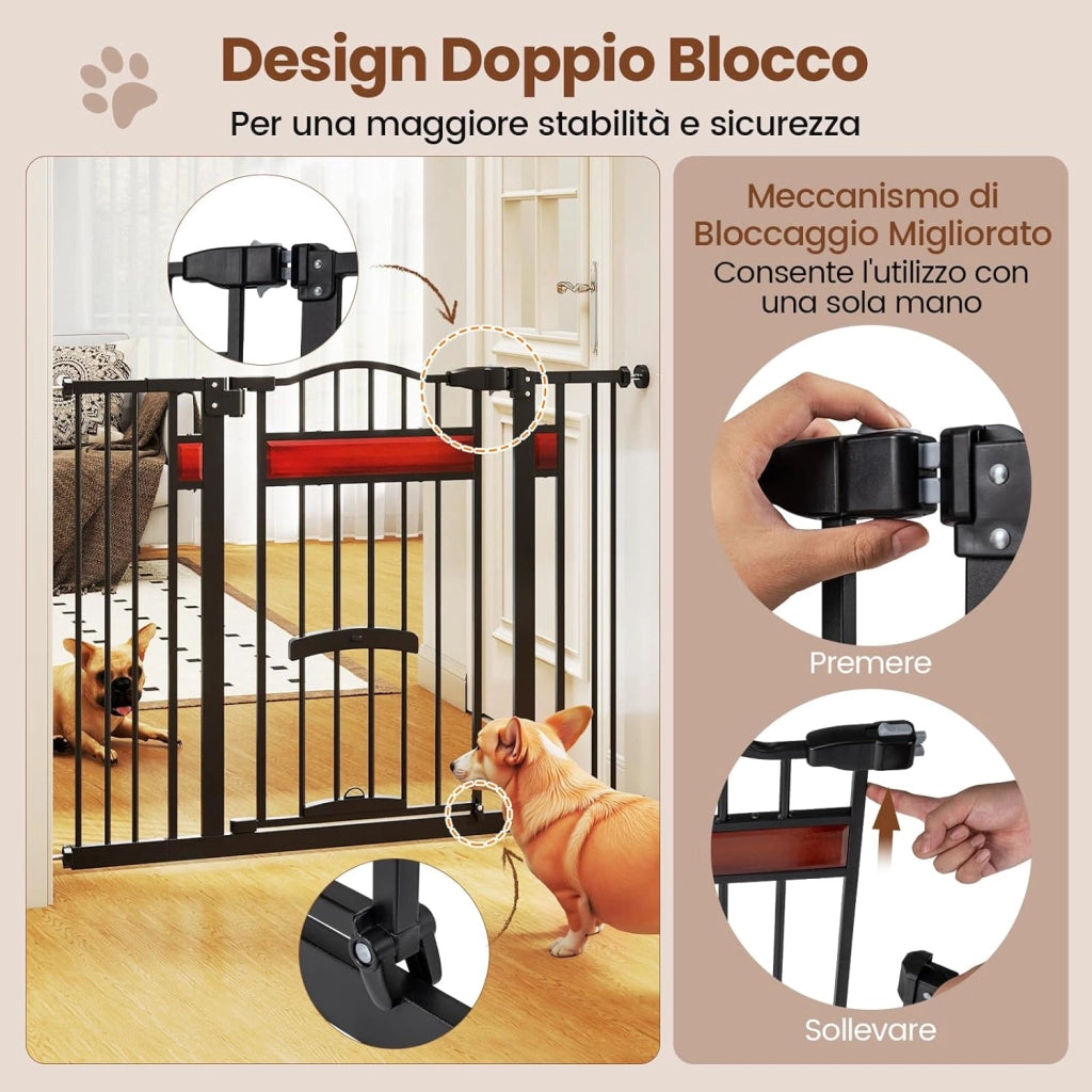 Cancello per Cani per Aperture da 74 a 104 cm, Recinto Espandibile con 2 Prolunghe, Installazione Senza Fori con Supporti, Doppia Chiusura, Cancello Metallico per Scala e Ingresso (Nero)