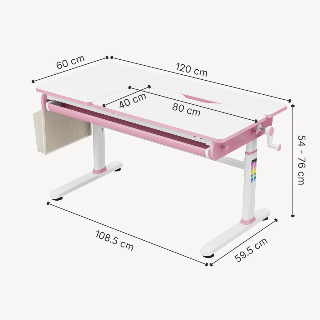 Scrivania Kuosa per Cameretta Regolabile in Altezza con Piano 120 x 60 cm e Cassetto - Rosa/Bianco [en.casa]