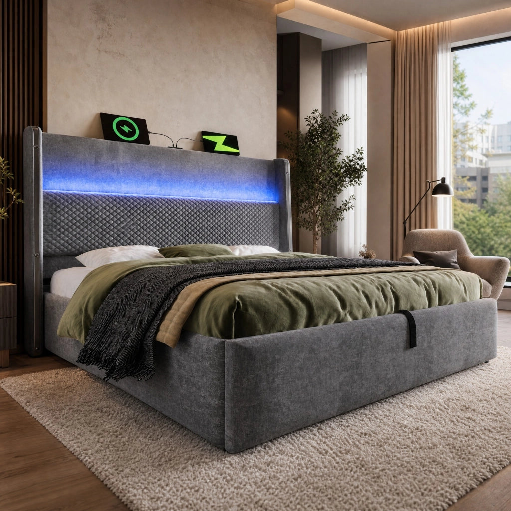 Letto matrimoniale idraulico con testiera alta, LED e USB Tipo C