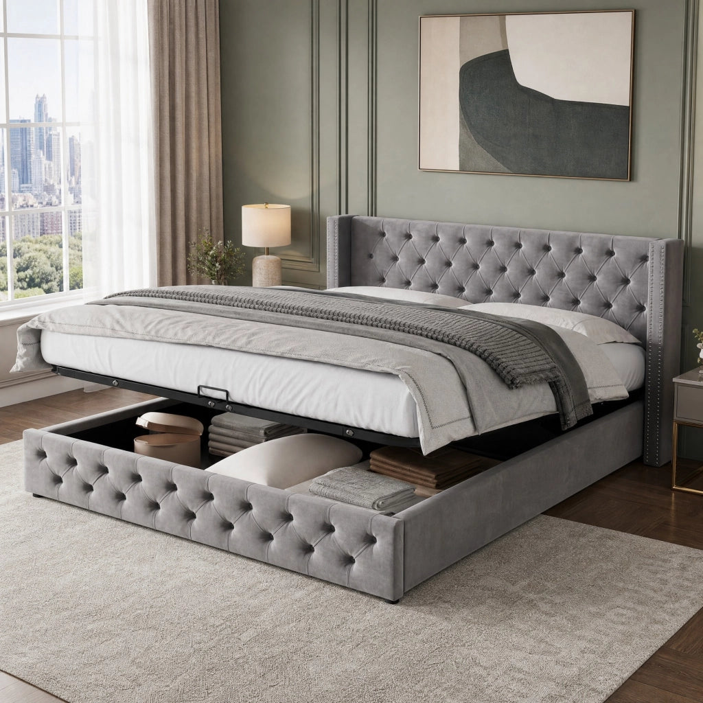 Letto matrimoniale 140x190 Chesterfield in velluto grigio con contenitore e rete a doghe, senza materasso