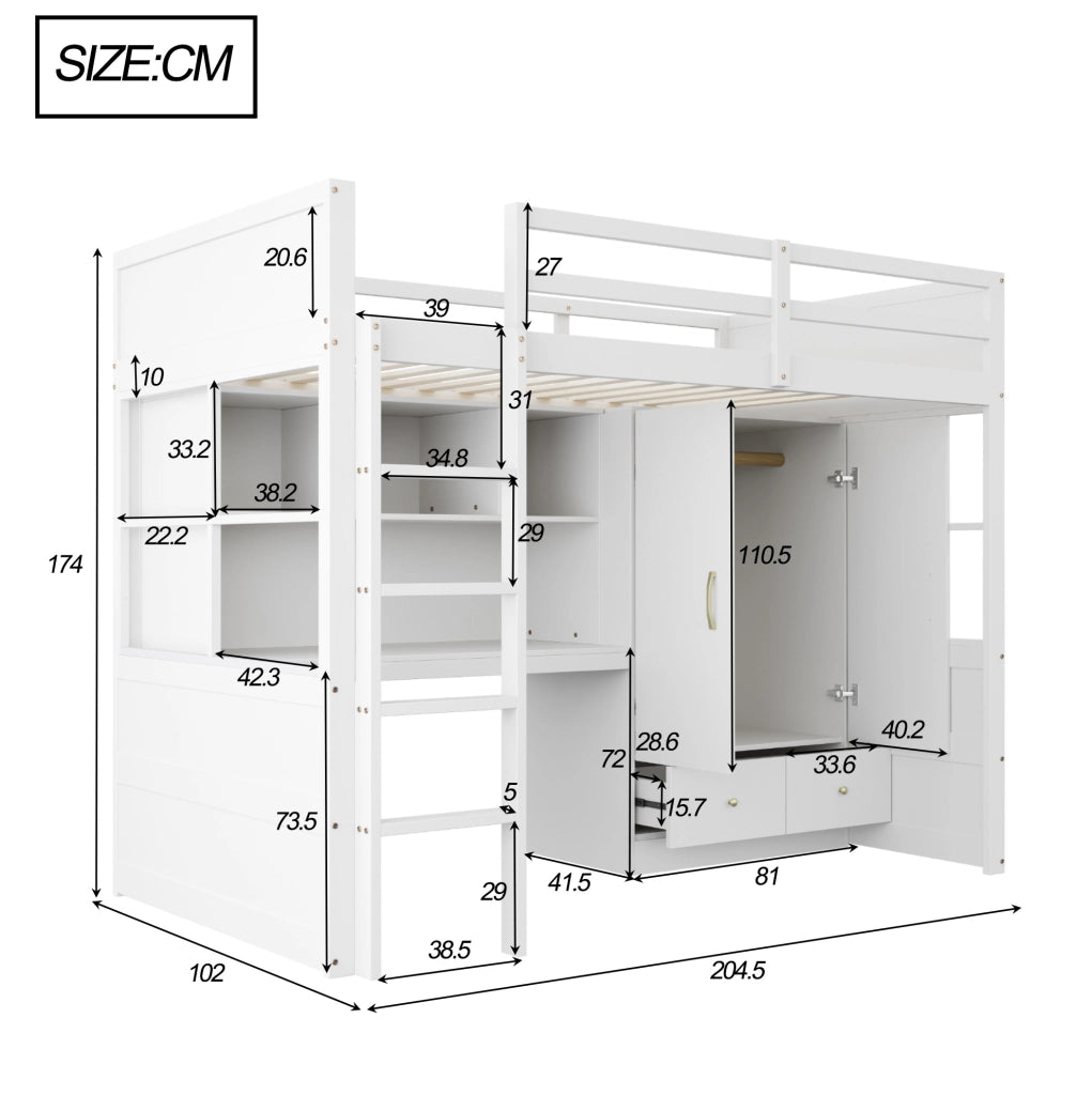 Letto a soppalco 90x200 cm in legno bianco con scala; scrivania; guardaroba e cassetti