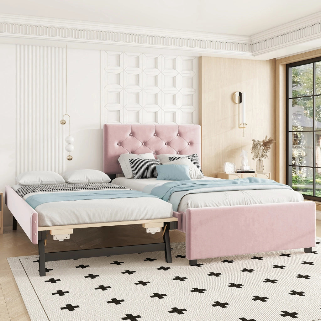 Letto Estraibile 2 Posti con Letto Scorrevole; 90 × 200 cm e 90 × 190 cm; senza Materasso; Velluto Rosa