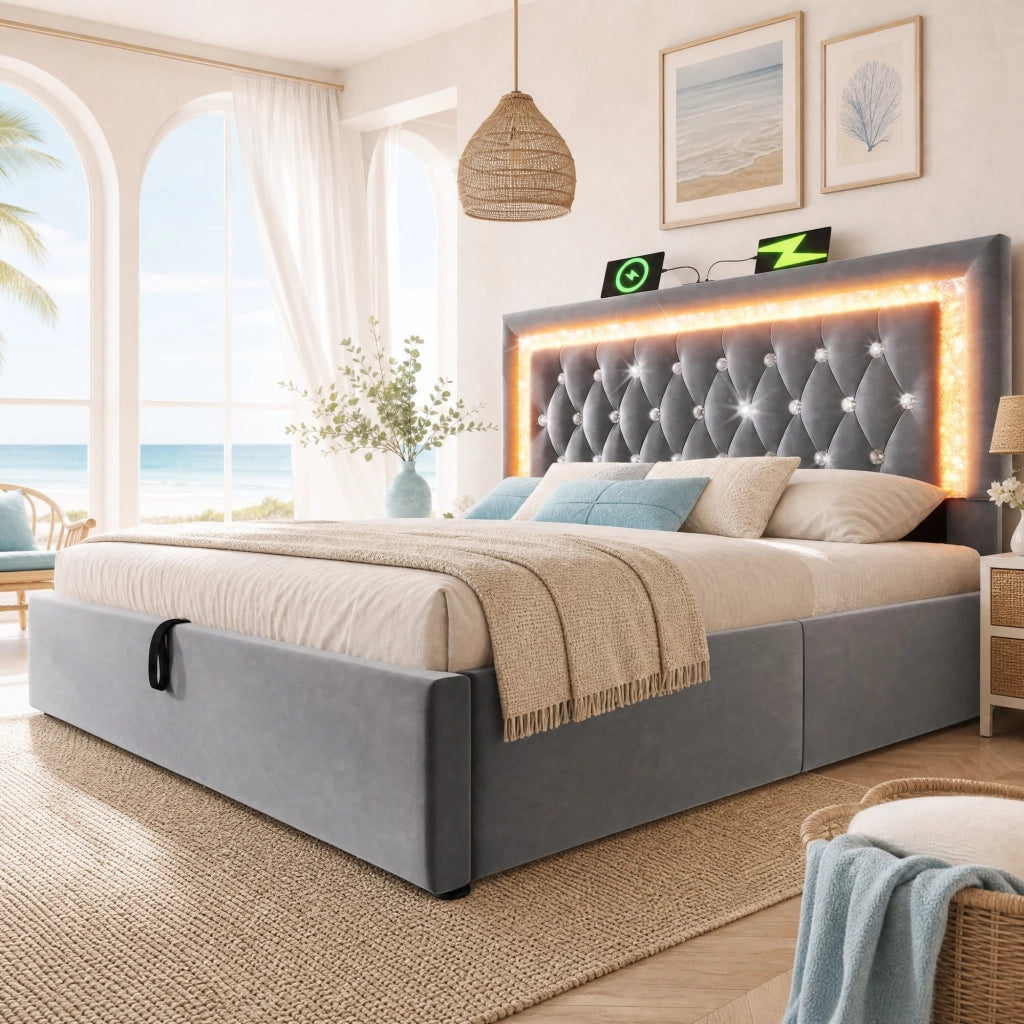 Letto matrimoniale 180x200 cm in velluto grigio con LED, porta USB e USB-C, contenitore idraulico