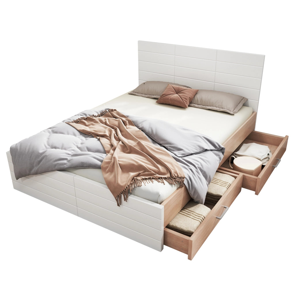 OKWISH Letto con Cassetti 180×200 cm, Letto Matrimoniale con 2 Cassetti, Ampio Spazio sotto Letto e Testiera, senza Materasso, Bianco Rovere