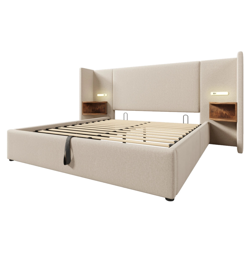 Letto matrimoniale 160x200 cm in lino beige con contenitore; lampada da lettura e porte USB Type-C