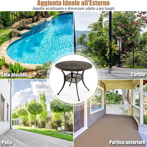 Tavolo da Pranzo Rotondo da 90 cm, Tavolo da Esterno in Alluminio con Foro per Ombrellone da 5 cm Struttura Resistente Piedini Regolabili, Tavolo Rotondo da Giardino Esterno, 90 x 74 cm