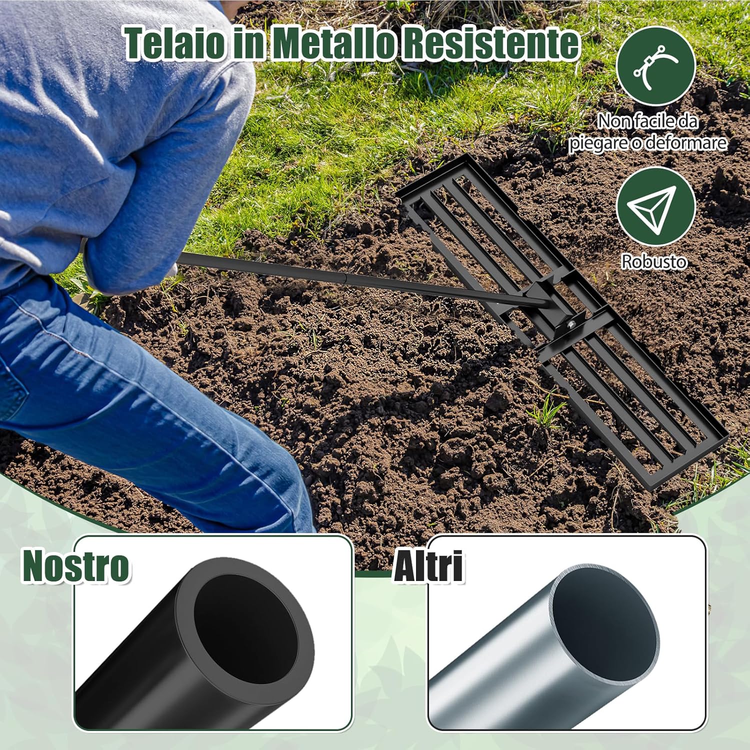Rastrello Livellatore per Prato, Attrezzo per la Livellatura del Prato con Manico Ergonomico, Livellatrice per Giardino, Cortile, Campo da Golf, Fattoria e Pascolo (Nero 106 x 25 cm)
