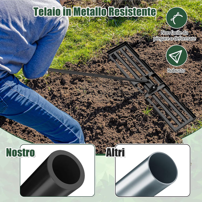 Rastrello Livellatore per Prato, Attrezzo per la Livellatura del Prato con Manico Ergonomico, Livellatrice per Giardino, Cortile, Campo da Golf, Fattoria e Pascolo (Nero 106 x 25 cm)