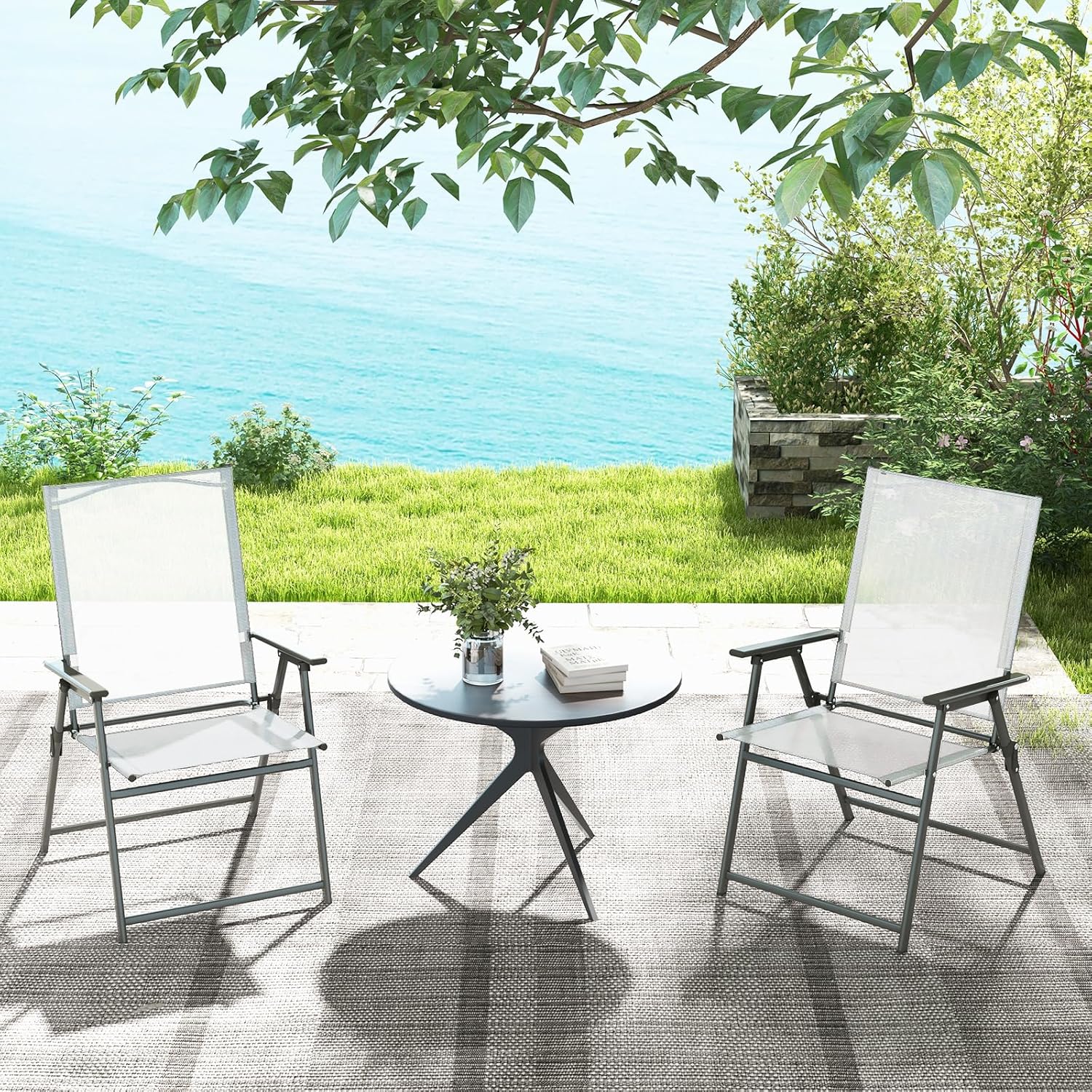 Set di 2/4 Sedie Pieghevoli da Giardino in Textilene, Sedie da Esterno con Schienale Alto, Poltrona Portatile per Giardino Campeggio Patio, Portata 150 kg (4, Bianco, 62 x 58 x 96 cm)