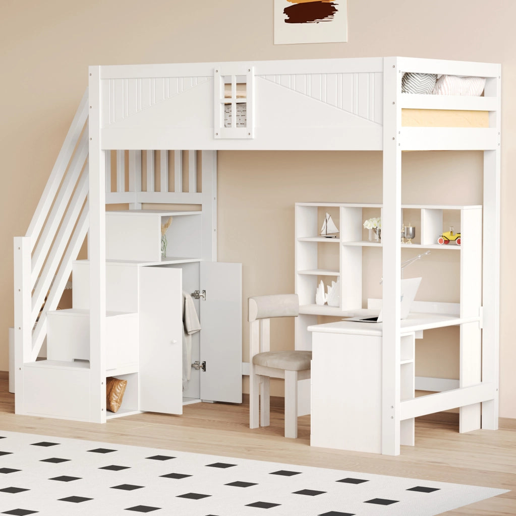 Letto a soppalco in legno massello 90 x 200 cm bianco