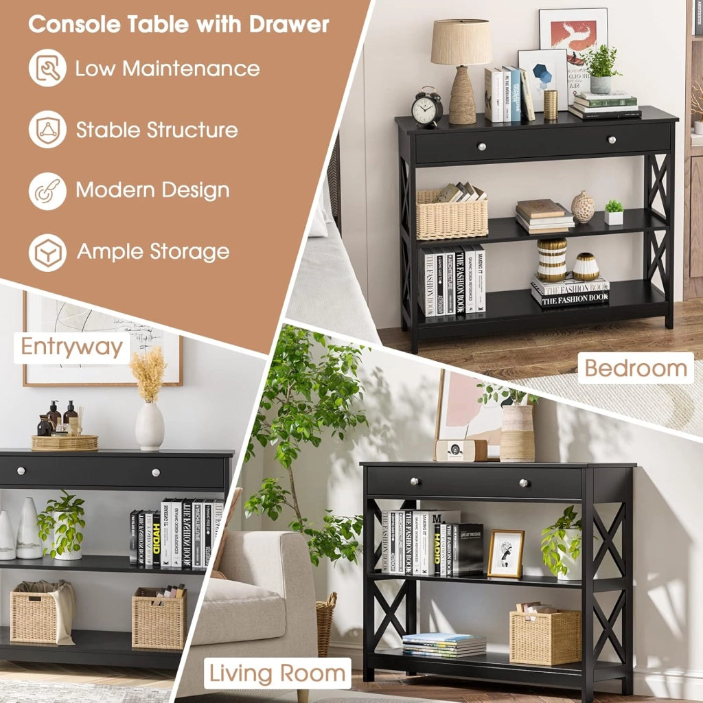 Consolle sottile, tavolino da corridoio con cassetto e 2 ripiani, tavolino d'ingresso, tavolo da ingresso, tavolo sottile, moderno tavolo decorativo con protezione antiribaltamento, 100 x 30 x