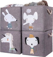 Scatola di Archiviazione per Bambini, Set di 4, 28 x 28 x 28 cm, Cestino di Archiviazione Pieghevole per Scaffale, Ideale per l'Utilizzo su Kallax, Box per Giochi, Giochi, Libri, Camera dei Bambini, Unicorno Grigio