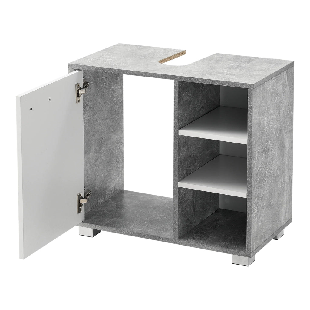 Mobiletto sottolavabo di design mobiletto per il bagno con 3 ripiani pannello di particelle rivestito in melaminico 56 x 60 x 31 cm effetto cemento e bianco 03_0005857
