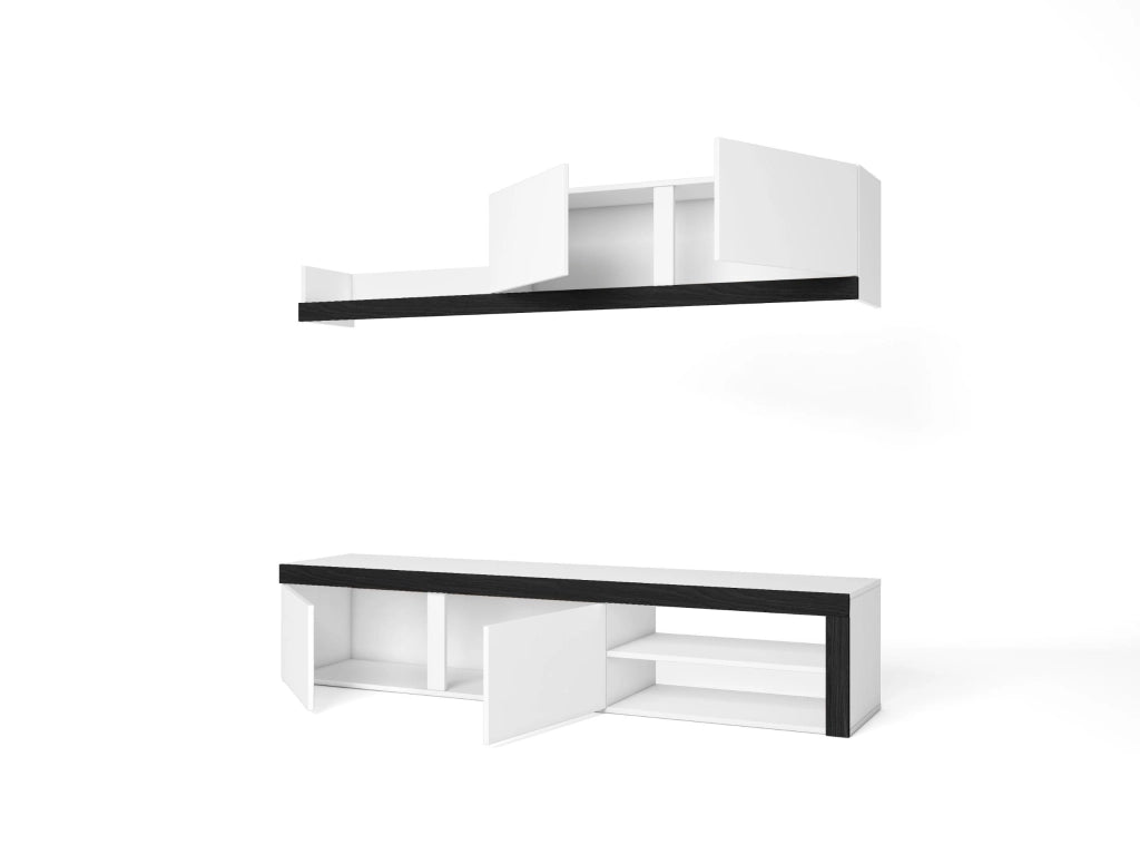 Mobile da Soggiorno IDEM - 1 Mobile TV - 1 Mensola e Armadietto  - Bianco/Nero - 200x40x180cm RF958