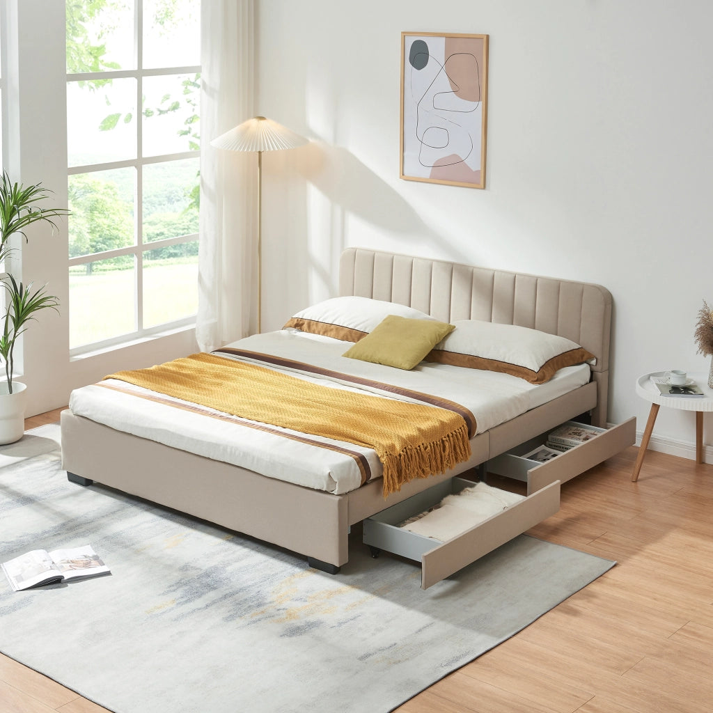 Letto Francese Nofrenna con Testiera e 4 Cassetti 140x200 cm Beige [en.casa]