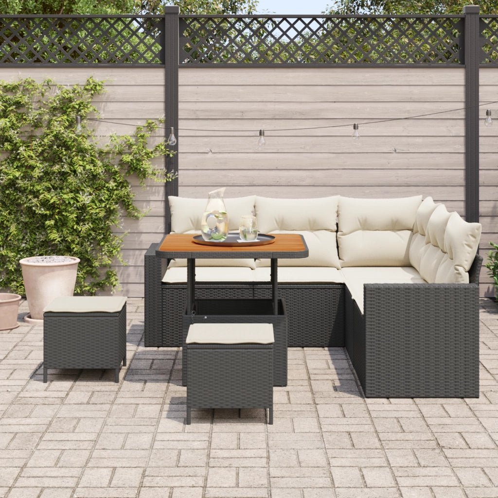 Set Divano da Giardino 8 Pezzi con Cuscini Nero Polyrattan Acacia