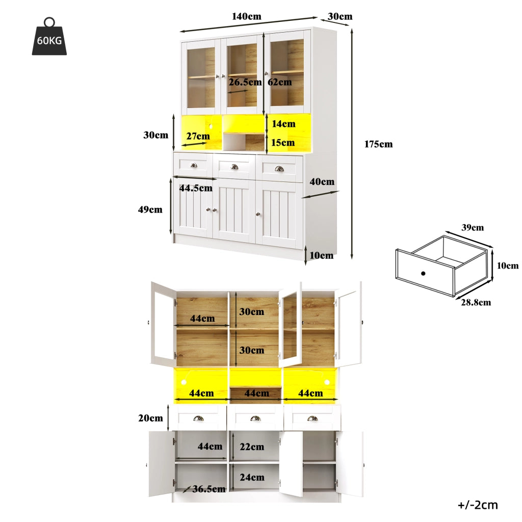 OKWISH Credenza da cucina alta con 6 ante e 3 cassetti, ripiani regolabili e LED, per cucina, MDF, 140 x 40 x 175 cm