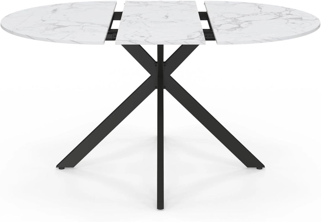 Tavolo da pranzo rotondo allungabile ALIX, 4-8 persone, gamba a ragno in metallo nero, piano effetto marmo ALASKA, 110-150 cm