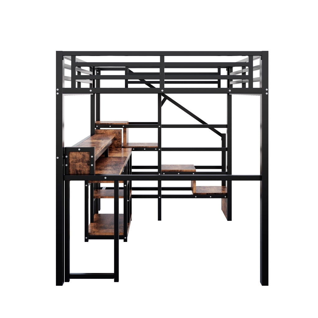 Letto a soppalco 140x200 cm con vani portaoggetti; LED e USB + Type-C in MDF e metallo nero