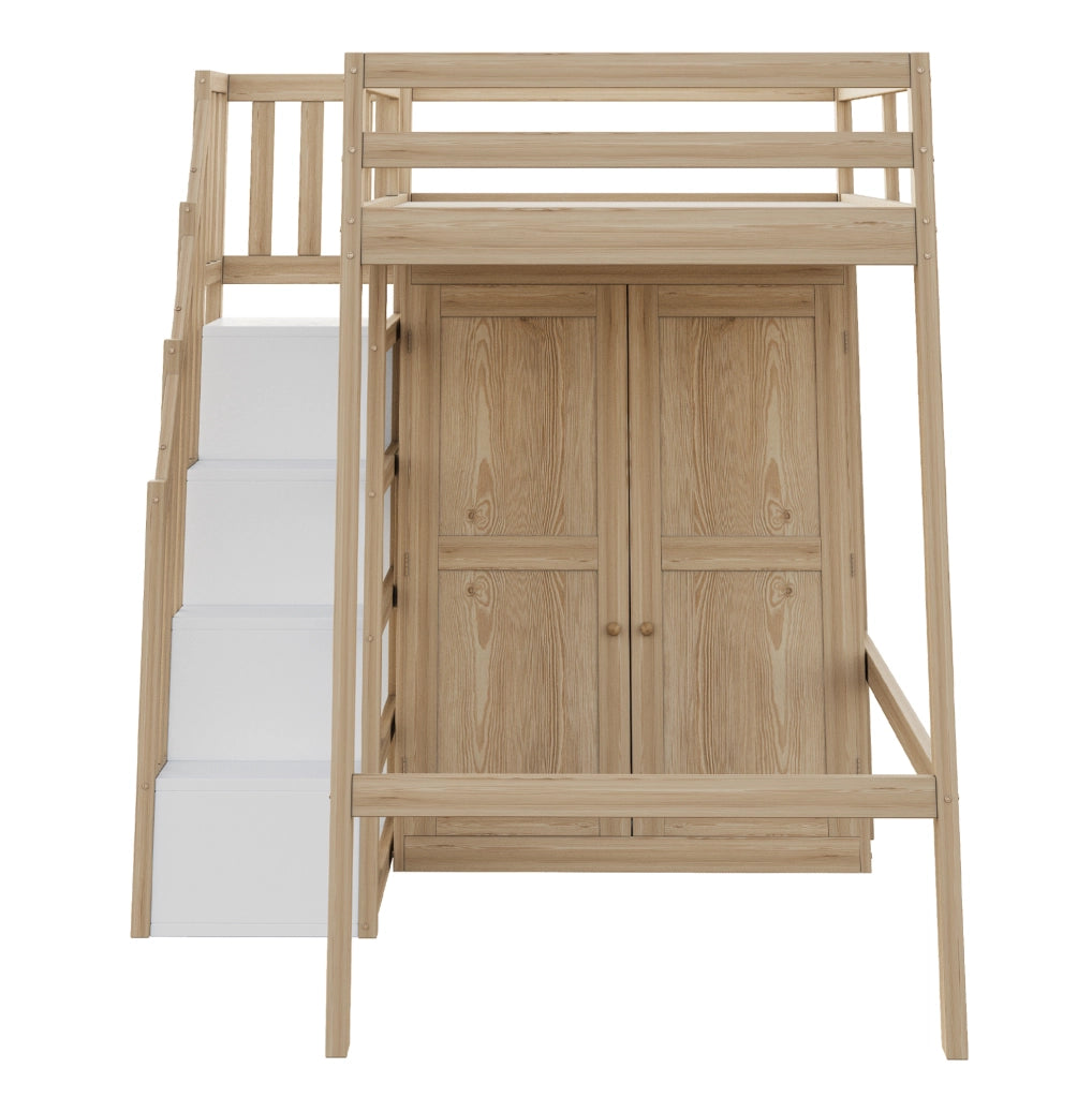 Letto a soppalco 90x200 cm con armadio e scala contenitore colore legno naturale