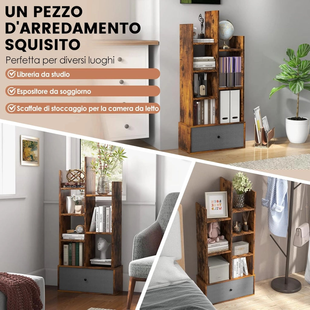 Libreria in Legno a 7 Piani, Scaffale Multifunzionale con 1 Cassetto e 7 Scomparti, Scaffale Espositivo per Soggiorno Studio Ufficio, 53x24x118 cm (Marrone, 1 cassetto)