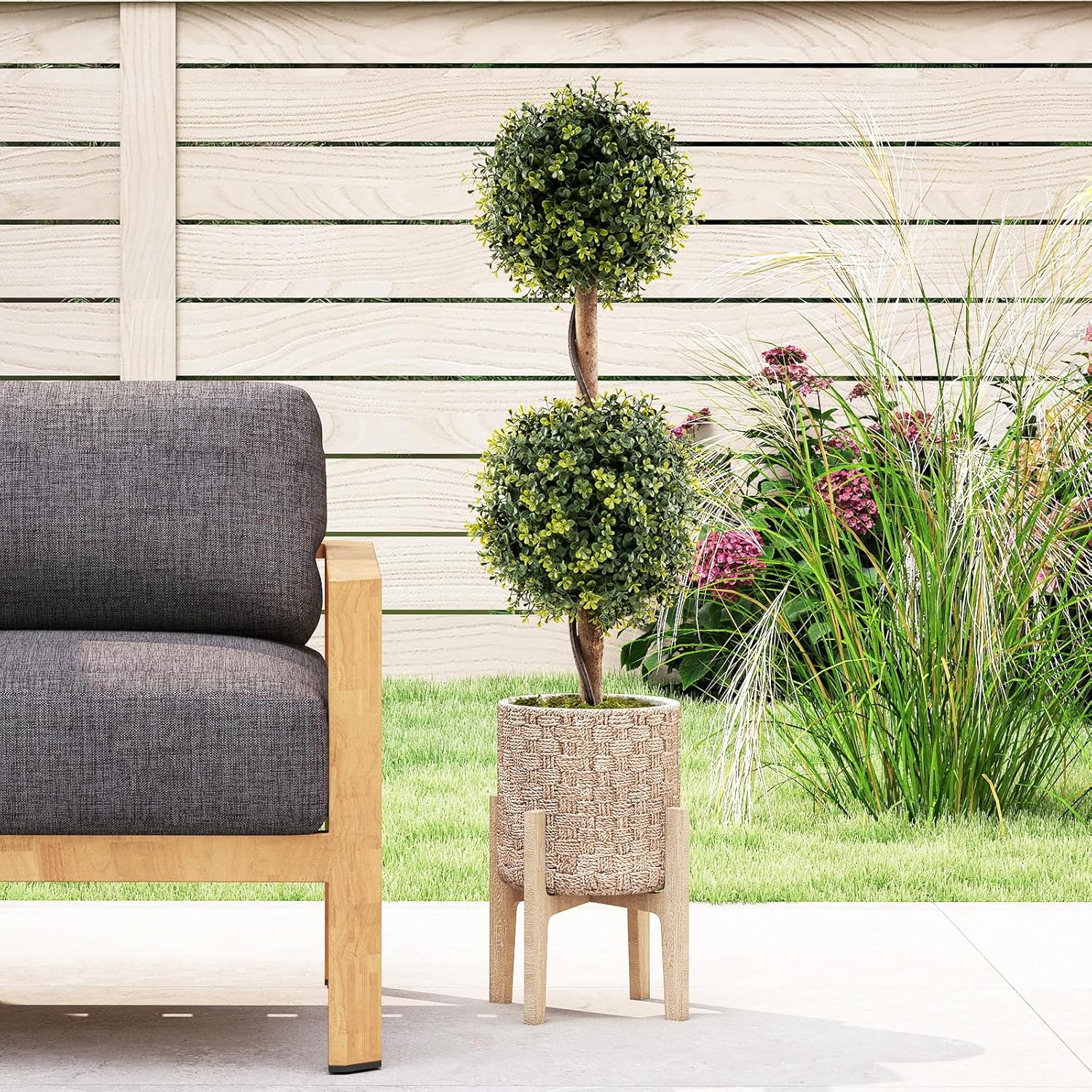 Set di 2 Alberi Artificiali con Tronco Solido da 90 cm, Muschio Naturale e Vaso Stabile Riempito di Cemento, Arbusto Finto Protetto dal Sole per Decorazione Interna ed Esterna