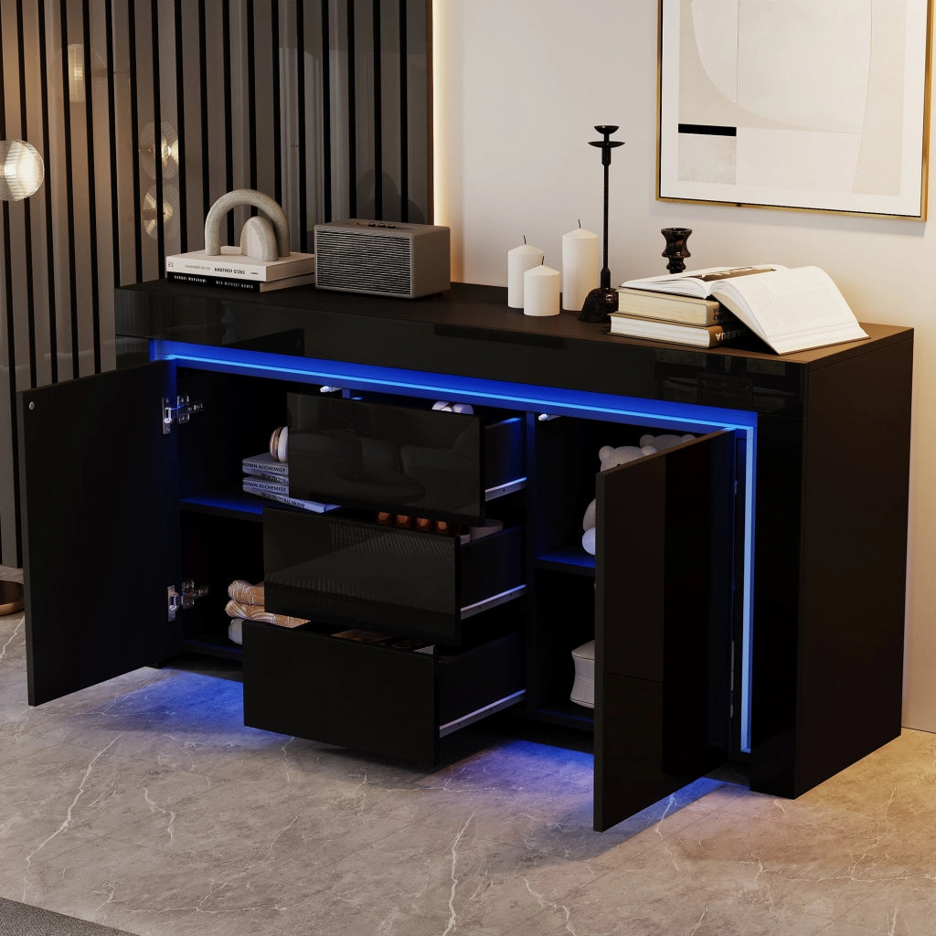 Credenza con 2 ante e 3 cassetti con LED e ripiani regolabili per soggiorno; in MDF; nero; 140×40×65 cm