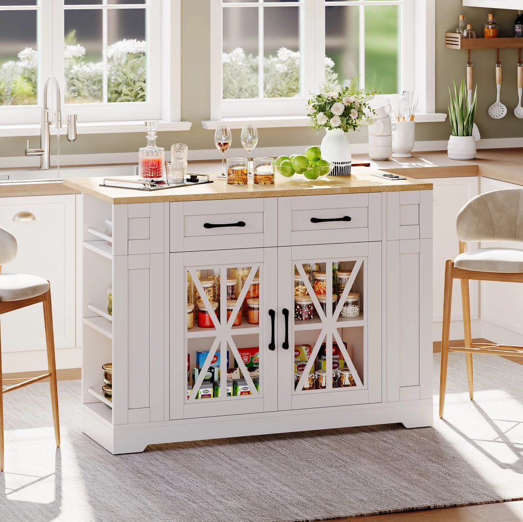 Isola da cucina mobile 120 cm con piano ribaltabile; prese AC e USB; bianco e naturale