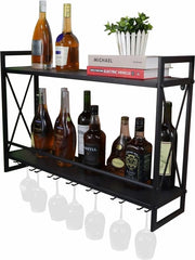Rack multifunzionale a parete con contenitore in vetro, 80 cm, rack multifunzionale metallico rustico a 2 piani per appendere, contenitore per vino