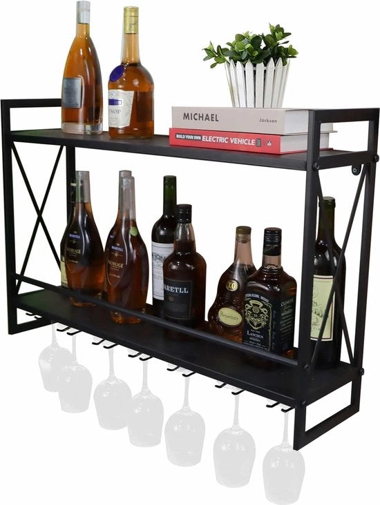 Rack multifunzionale a parete con contenitore in vetro, 80 cm, rack multifunzionale metallico rustico a 2 piani per appendere, contenitore per vino