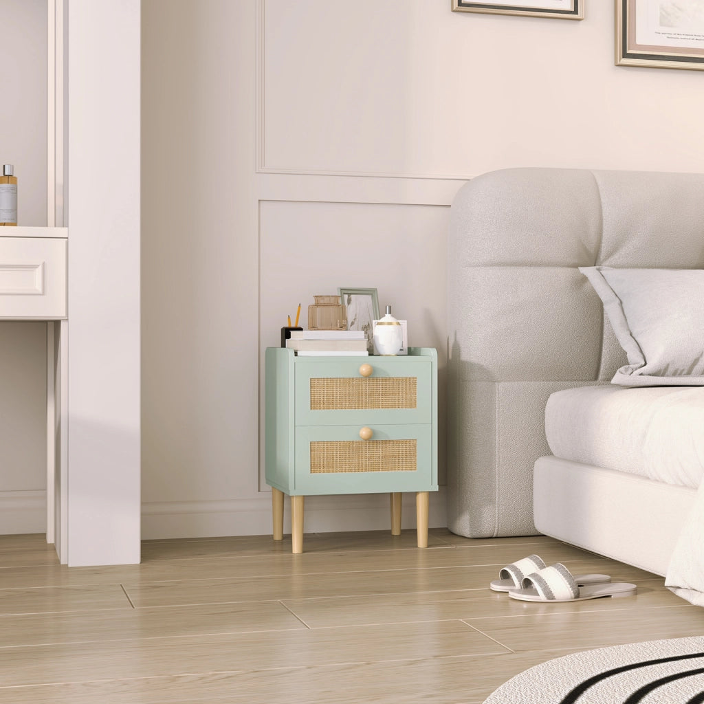 Comodino con 2 cassetti effetto rotin e struttura legno ¨C Minimal ¨C 39,8x30x52,5 cm verde oliva