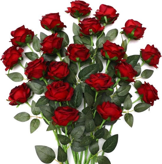 Fiori di rosa artificiali - Set da 20 pezzi - Realistici rosso - Per uso domestico ufficio festa matrimonio - Disposizioni di giardino - Rose di vino rosso