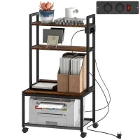 Carrello Porta Stampante a 4 Livelli con Prese di Corrente, Ruote e Telaio in Metallo, 55x37.5x100 cm, Marrone