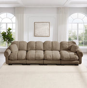 Divano modulare in chenille marrone con cuciture trapuntate; cuscini spessi e 330x86x90 cm