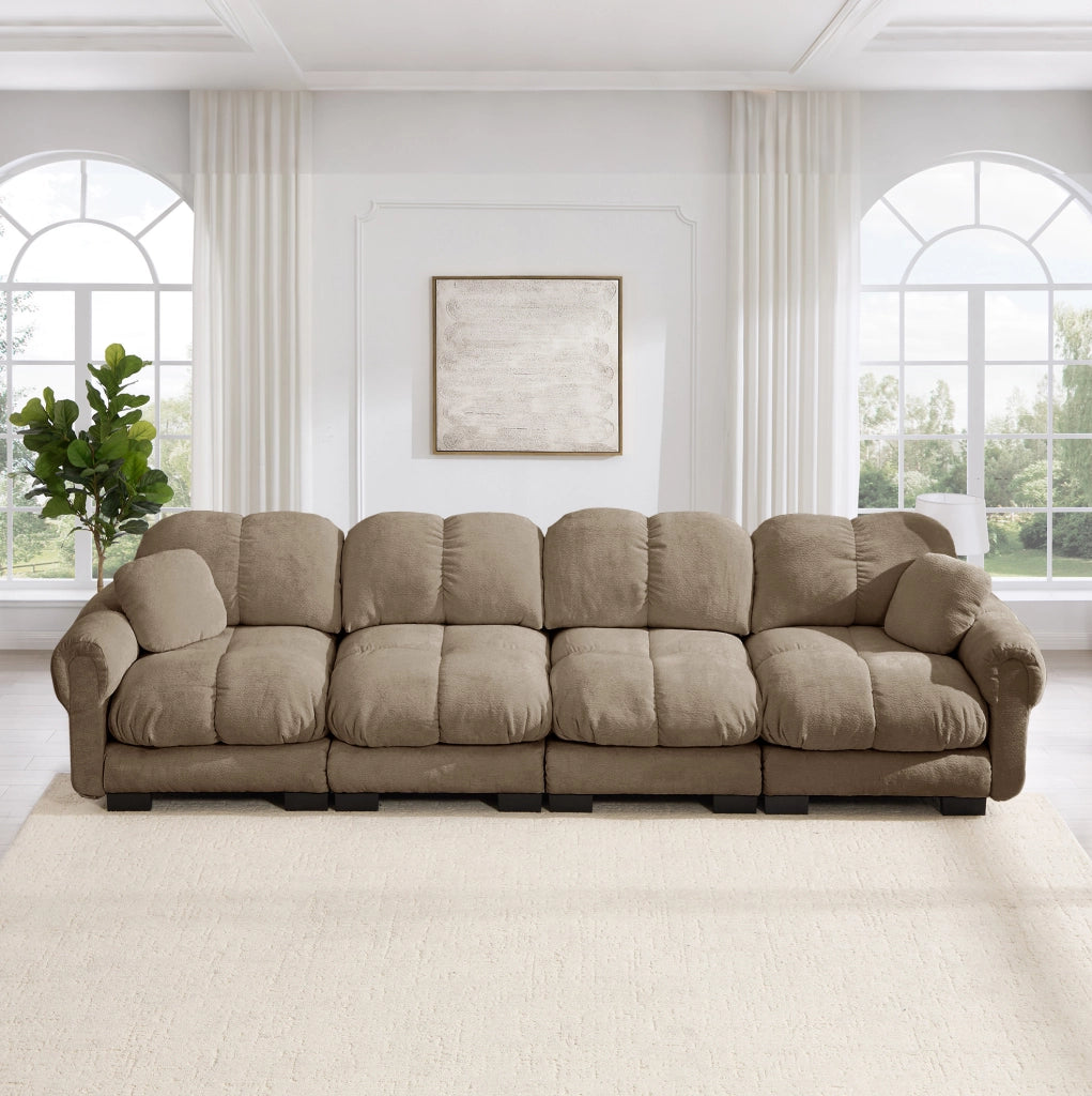 Divano modulare in chenille marrone con cuciture trapuntate; cuscini spessi e 330x86x90 cm