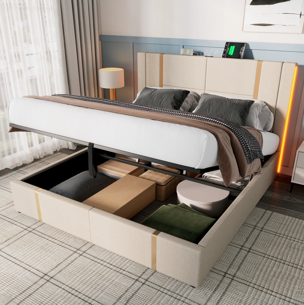 Letto imbottito 140x200 beige con materasso, LED RGB, USB-C e vano contenitore