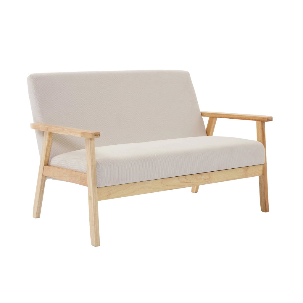Divano in velluto a coste con gambe in legno, 2 posti, crema