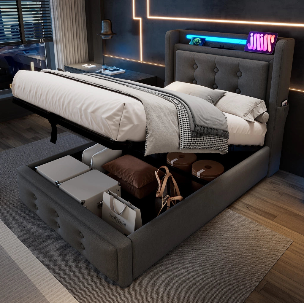 Letto singolo 90x200 cm imbottito in cotone e lino con LED; USB e contenitore; grigio